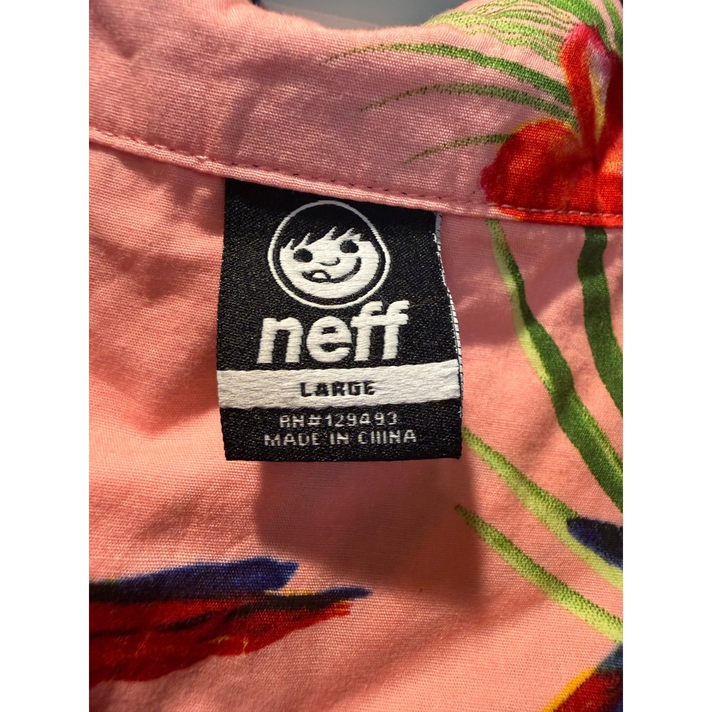 Neff Mens Pink Parrot Tropical Hibiscus Print Cotton Short Sleeve Button Up - Picture 5 of 6